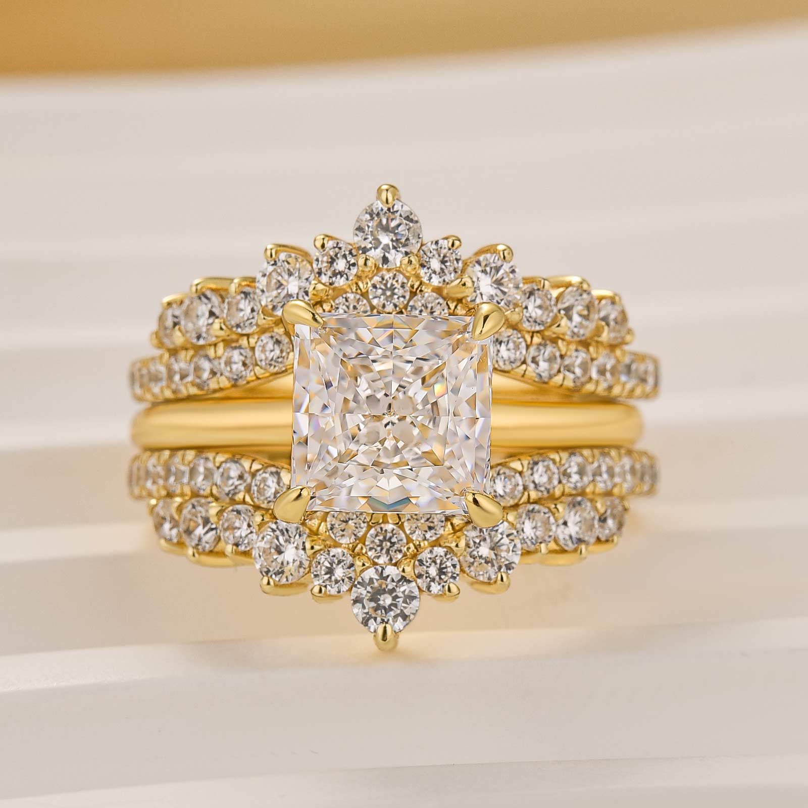 2PC Wedding Sets 2.0Ct Square Princess Cut Engagement Ring With Pavé Full Eternity Enhancer Yellow Gold Wedding Band