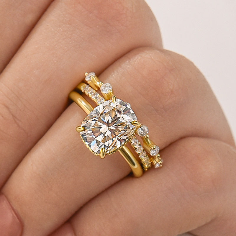 Moissanite 4.0Ct Cushion Cut Solitaire Yellow Gold 3PC Wedding Ring Set