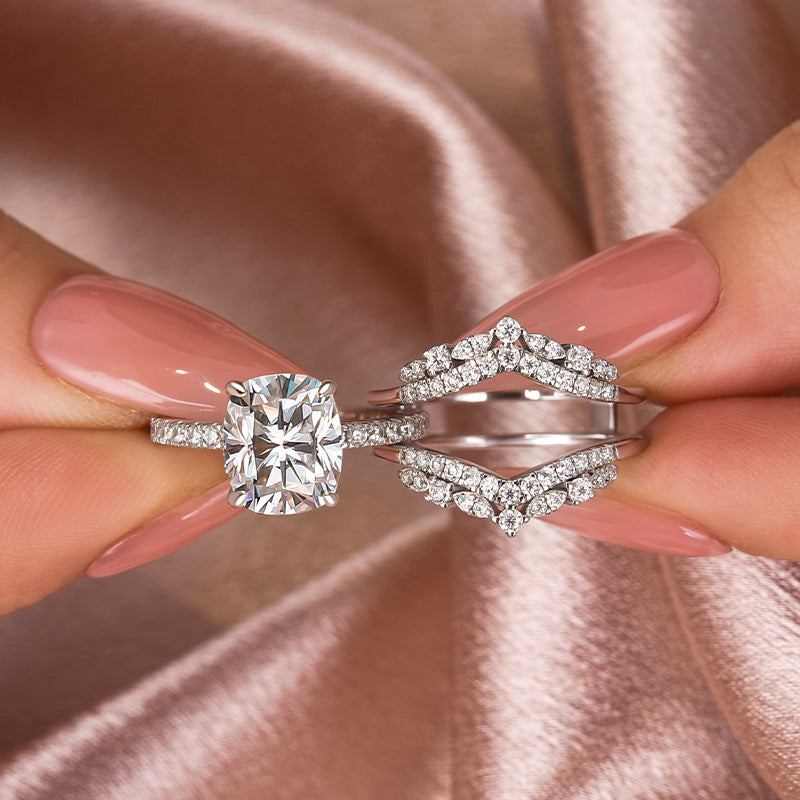 Moissanite 3.0 Ct Cushion Cut Insert Wedding Ring Set With Jacket Stack Wedding Band