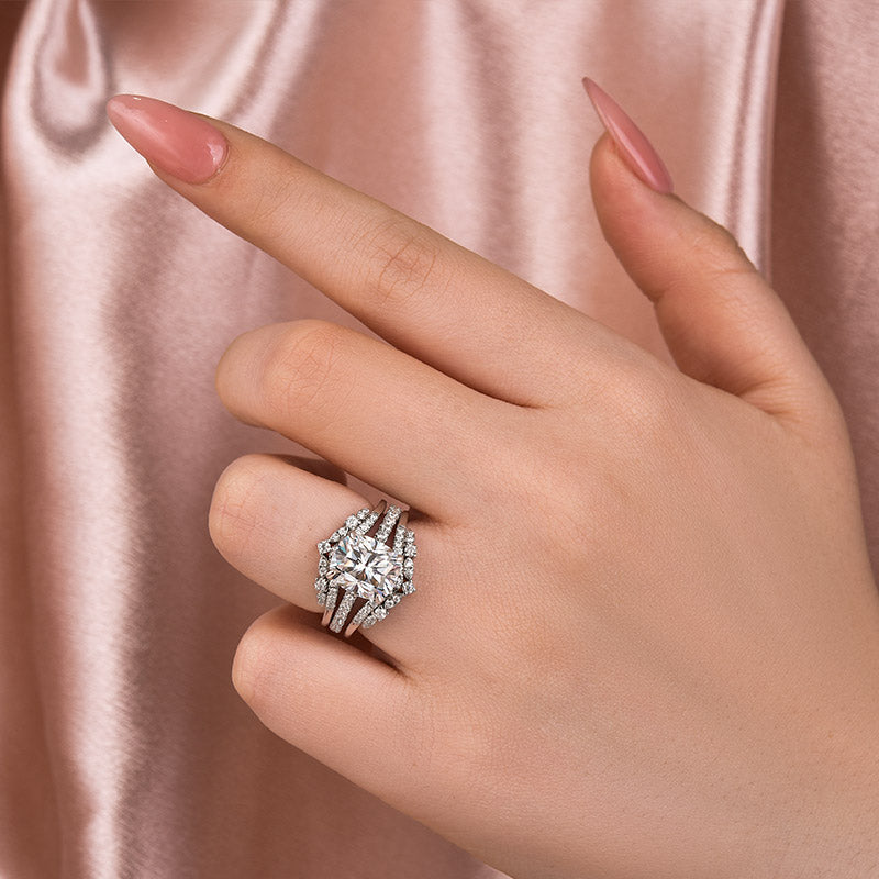 Moissanite 3.0 Ct Cushion Cut Insert Wedding Ring Set With Jacket Stack Wedding Band