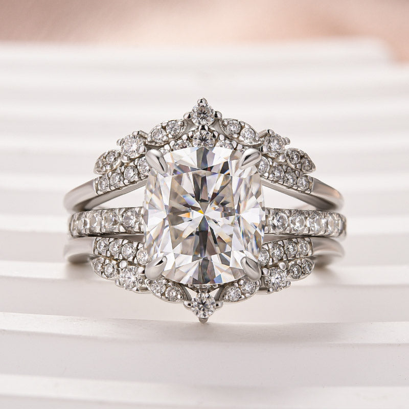 Moissanite 3.0 Ct Cushion Cut Insert Wedding Ring Set With Jacket Stack Wedding Band