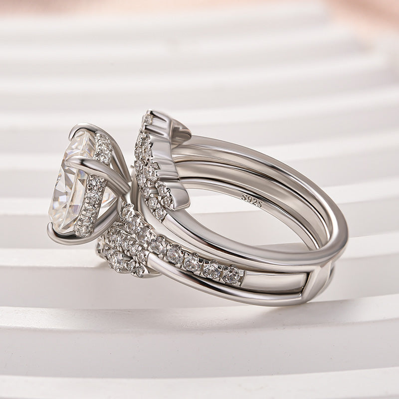 Moissanite 3.0 Ct Cushion Cut Insert Wedding Ring Set With Jacket Stack Wedding Band