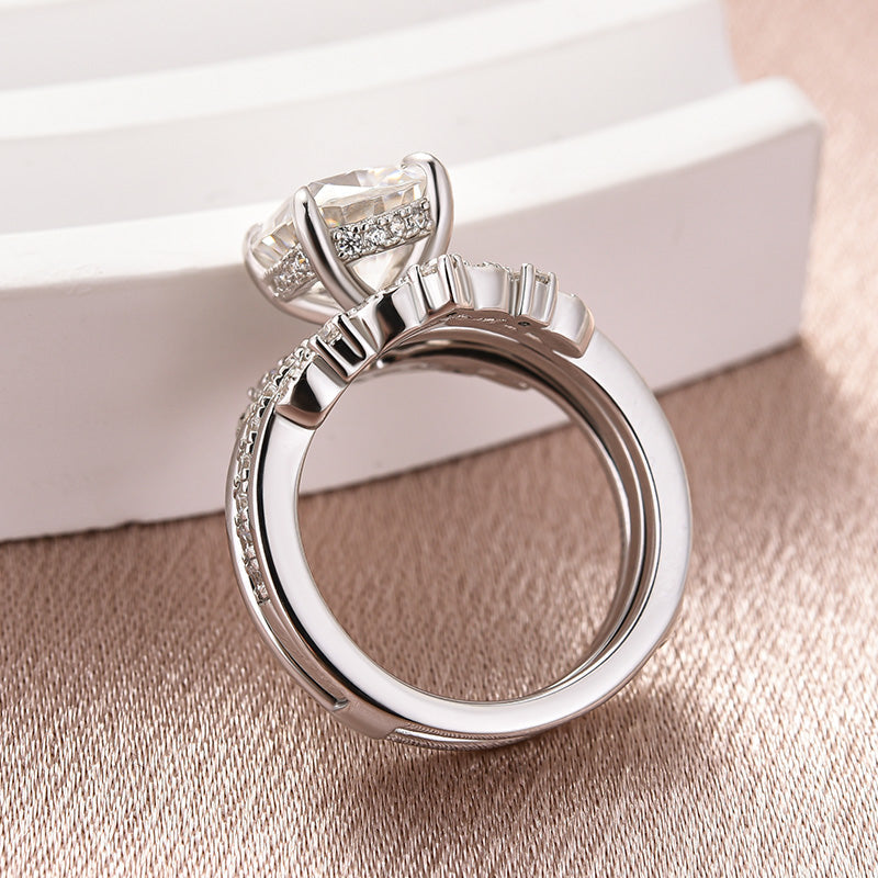 Moissanite 3.0 Ct Cushion Cut Insert Wedding Ring Set With Jacket Stack Wedding Band