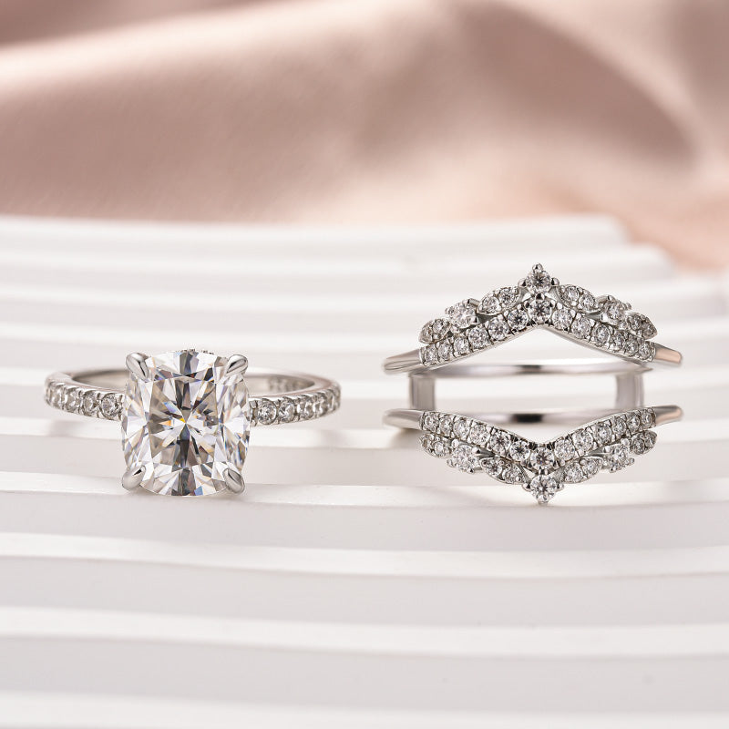 Moissanite 3.0 Ct Cushion Cut Insert Wedding Ring Set With Jacket Stack Wedding Band