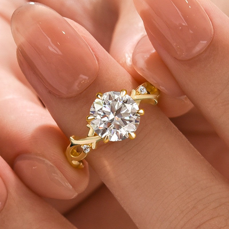 Moissanite 2.0 Ct Twig 6 Prong Round Cut Twist Yellow Gold Engagement Ring