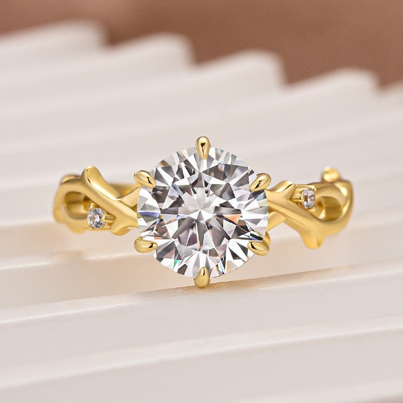 Moissanite 2.0 Ct Twig 6 Prong Round Cut Twist Yellow Gold Engagement Ring