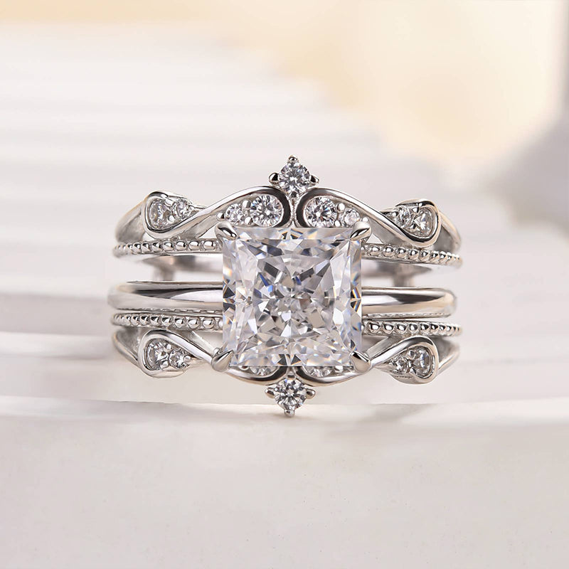 Louily Noble Crown Design Square Princess Cut Insert Wedding Ring Set