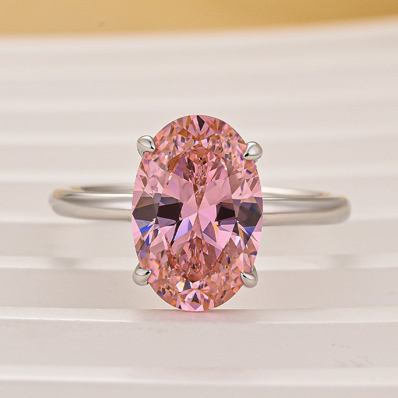 Classic Pink 4.0Ct Solitaire Oval Cut Hidden Halo Engagement Ring In Sterling Silver