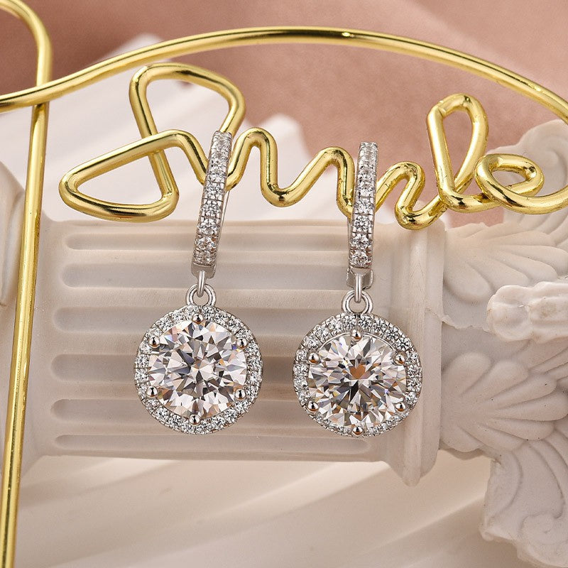 Moissanite 2.0Ct Classic Halo Round Cut Drop Earrings In Sterling Silver