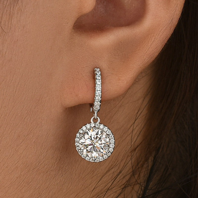 Moissanite 2.0Ct Classic Halo Round Cut Drop Earrings In Sterling Silver
