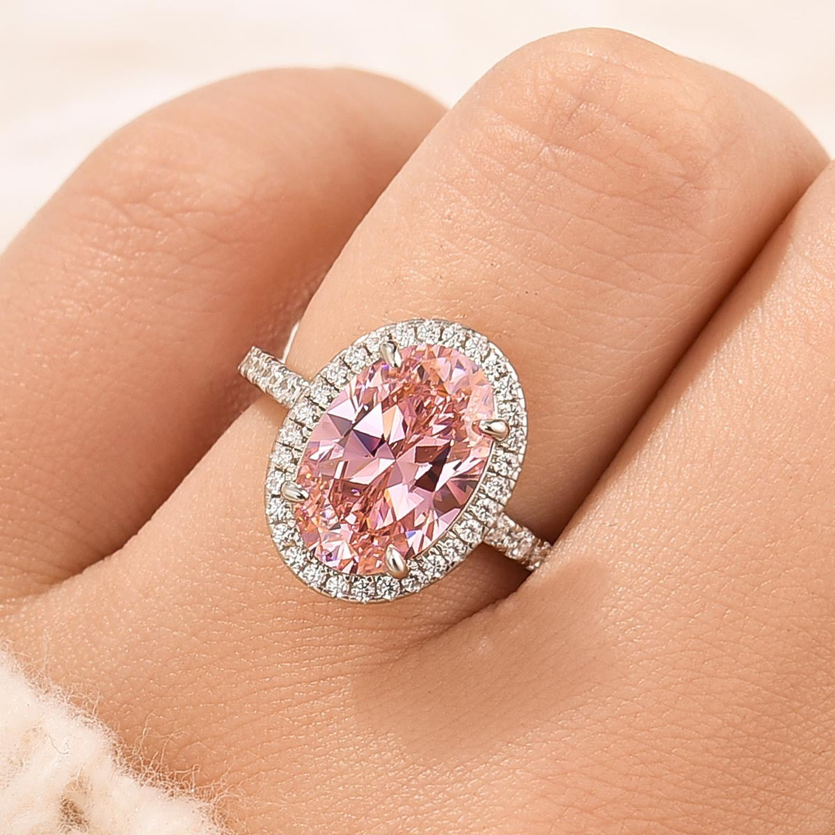 4.0Ct Halo Oval Cut Pink Engagement Ring For Women In Sterling Silver
