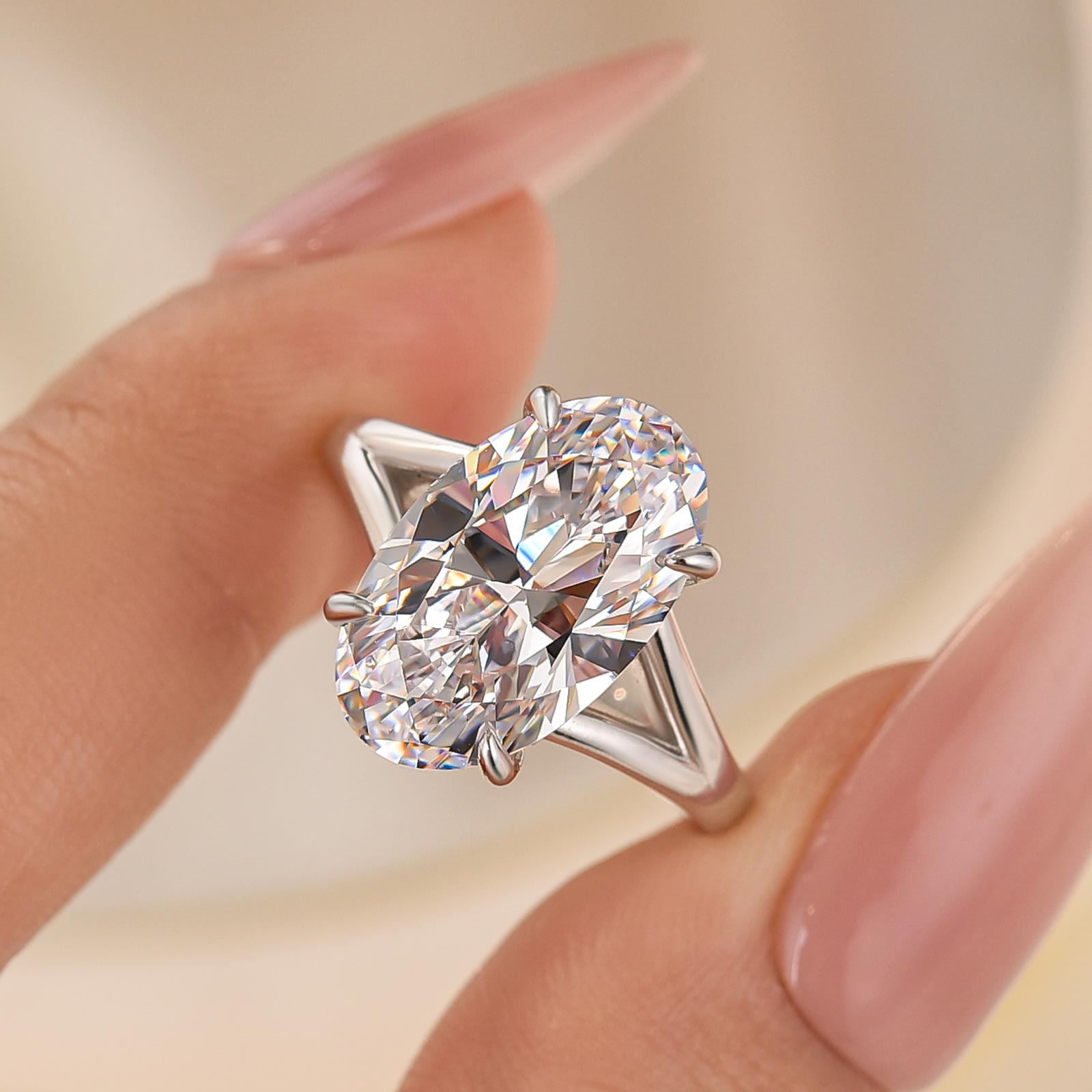 5.0Ct Oval Cut Split Shank Engagement Ring In Sterling Silver