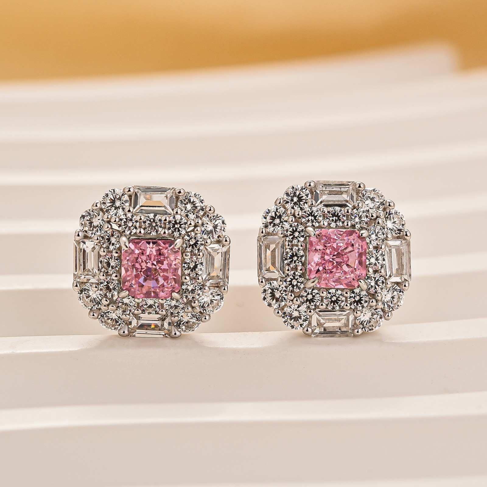 Lovely Radiant Cut Pink Stone Sterling Silver Earrings For Women