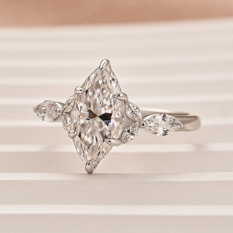Moissanite 2.0Ct Marquise Stone with Two Designd Side Stone White Gold Engagement Ring