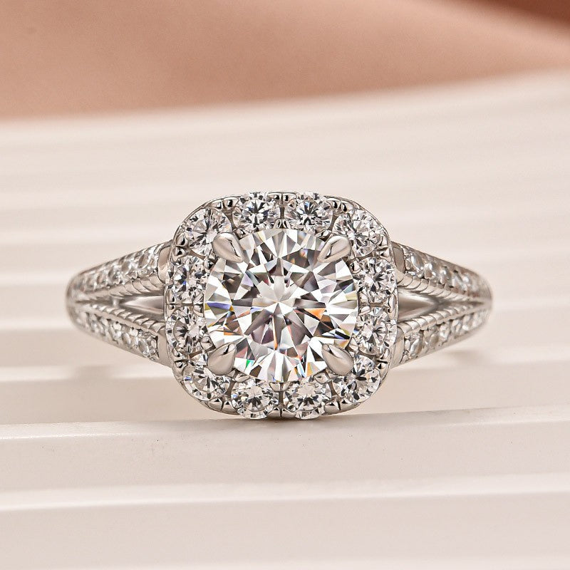 Moissanite 1.2Ct Halo Round Cut Split Shank White Gold Promise Ring For Women