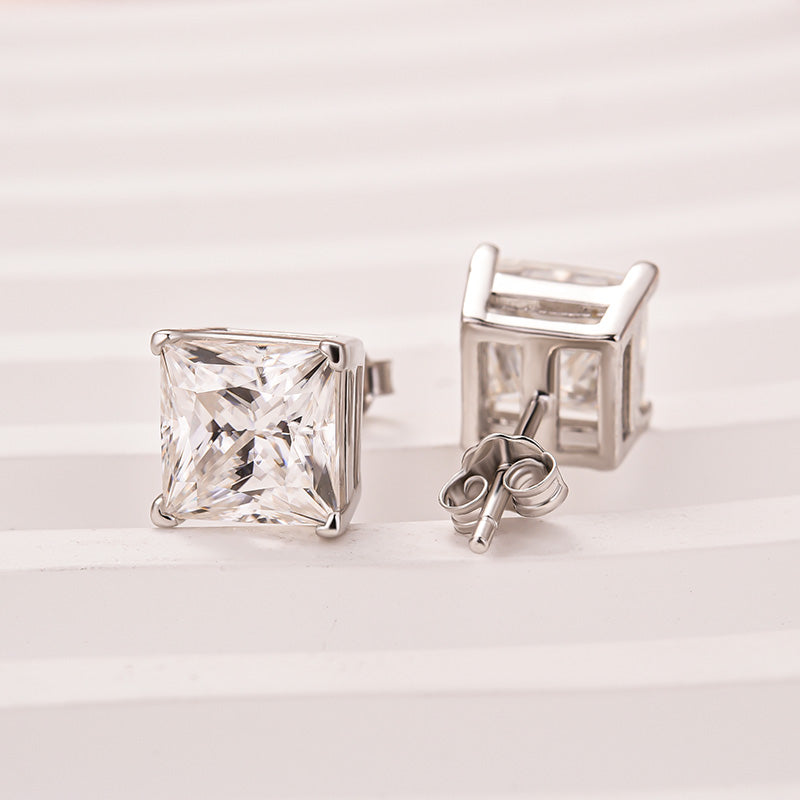 Louily Classic Moissanite Square Princess Cut Stud Earrings In Sterling Silver