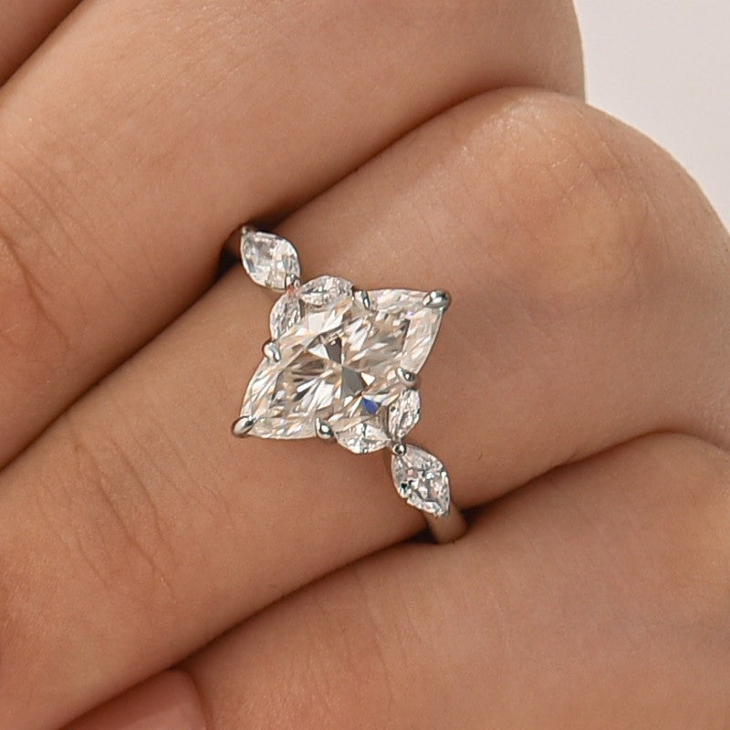 Moissanite 2.0Ct Marquise Stone with Two Designd Side Stone White Gold Engagement Ring