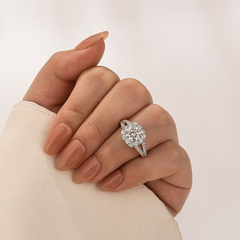 Moissanite 1.2Ct Halo Round Cut Split Shank White Gold Promise Ring For Women