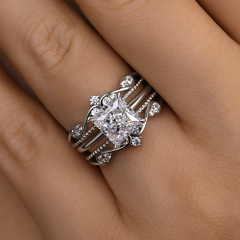 Louily Noble Crown Design Square Princess Cut Insert Wedding Ring Set