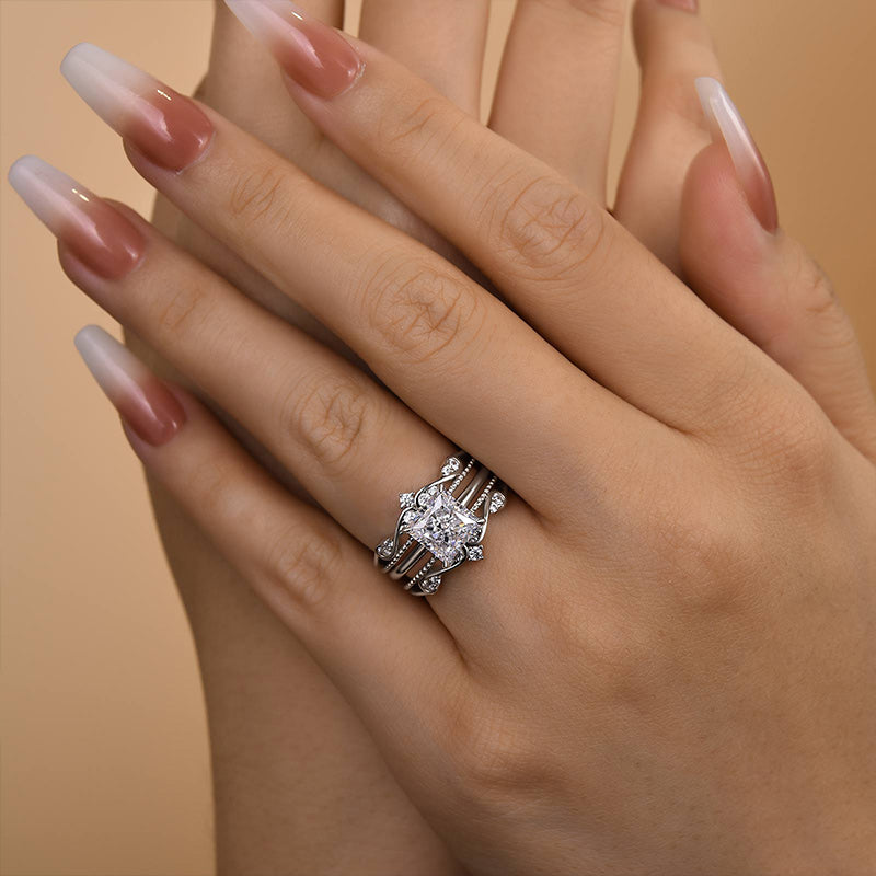 Louily Noble Crown Design Square Princess Cut Insert Wedding Ring Set