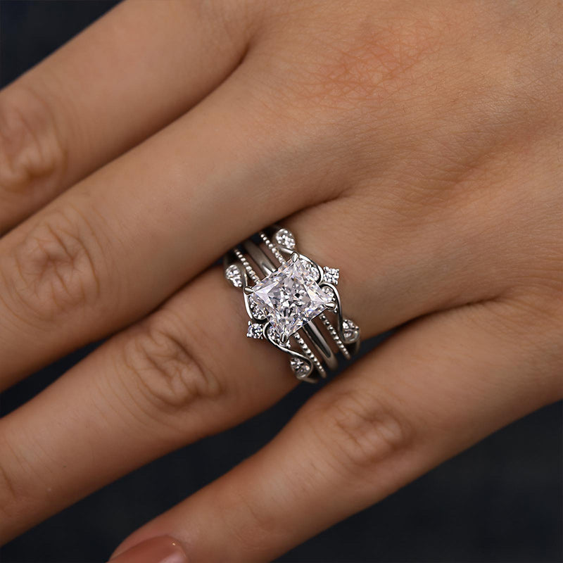 Louily Noble Crown Design Square Princess Cut Insert Wedding Ring Set