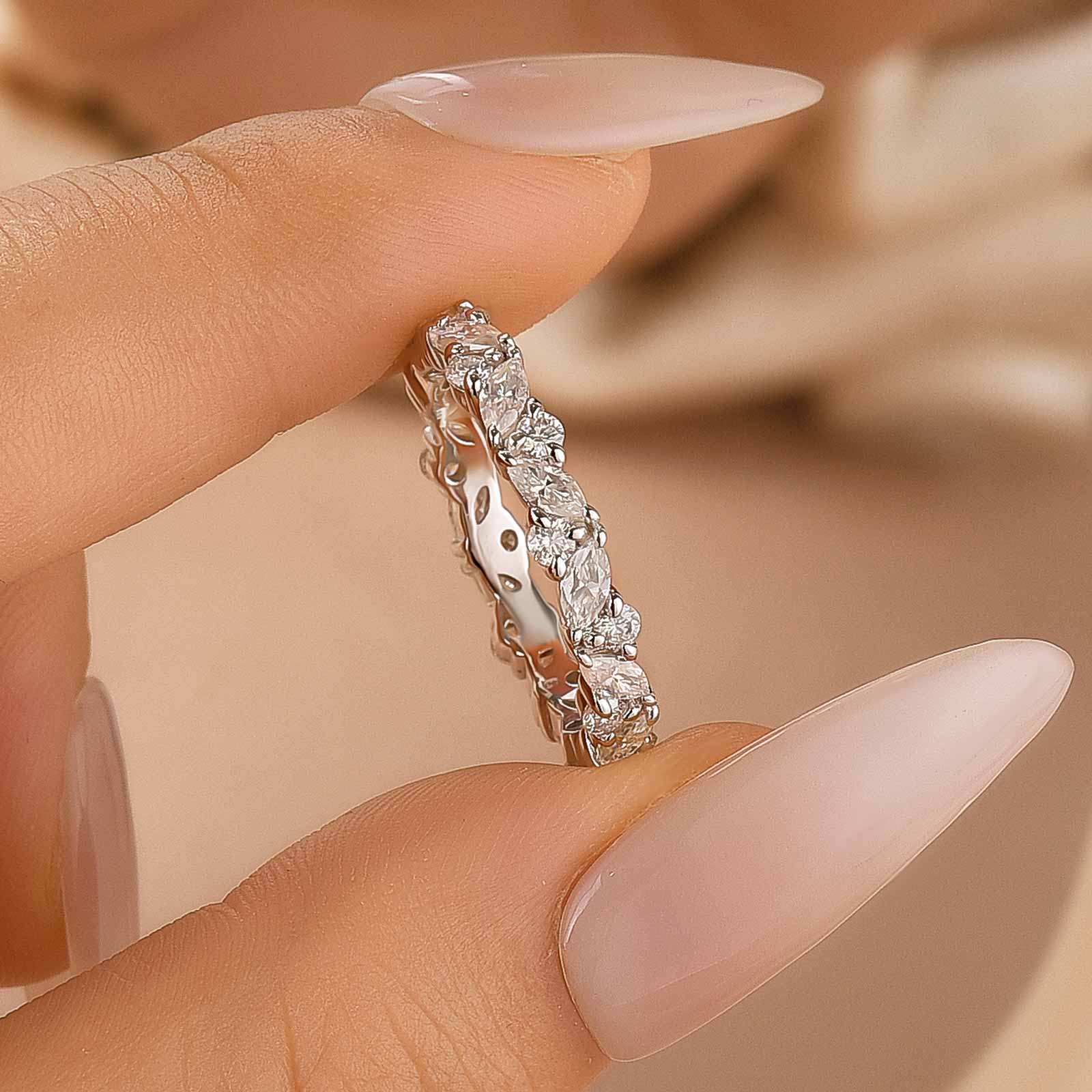 Moissanite Fashion Design Marquise Cut & Round Cut Wedding Band In Sterling Silver