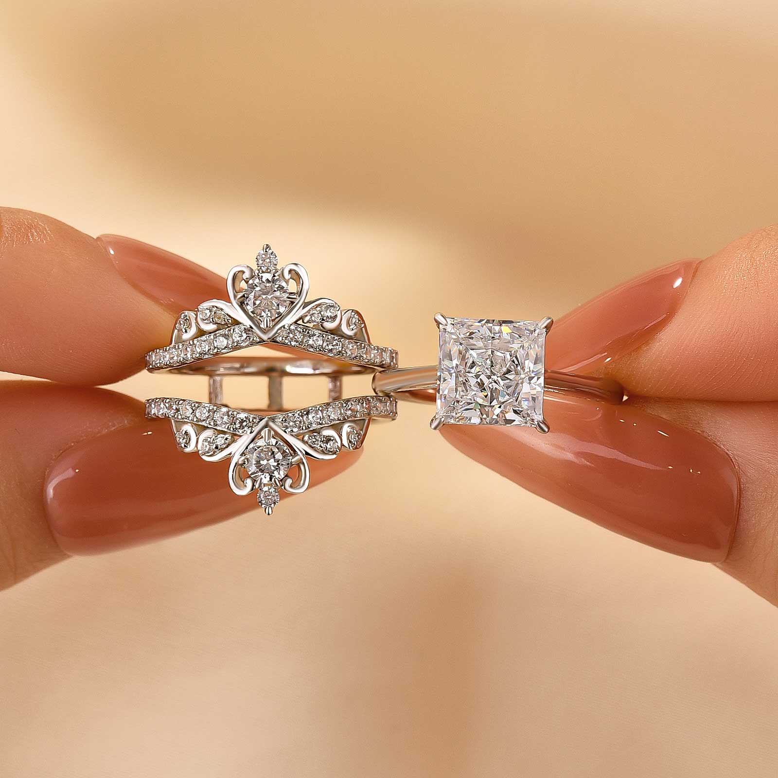 3.0Ct Square Princess Cut Insert Wedding Ring Set With Engagement Ring Enhancer