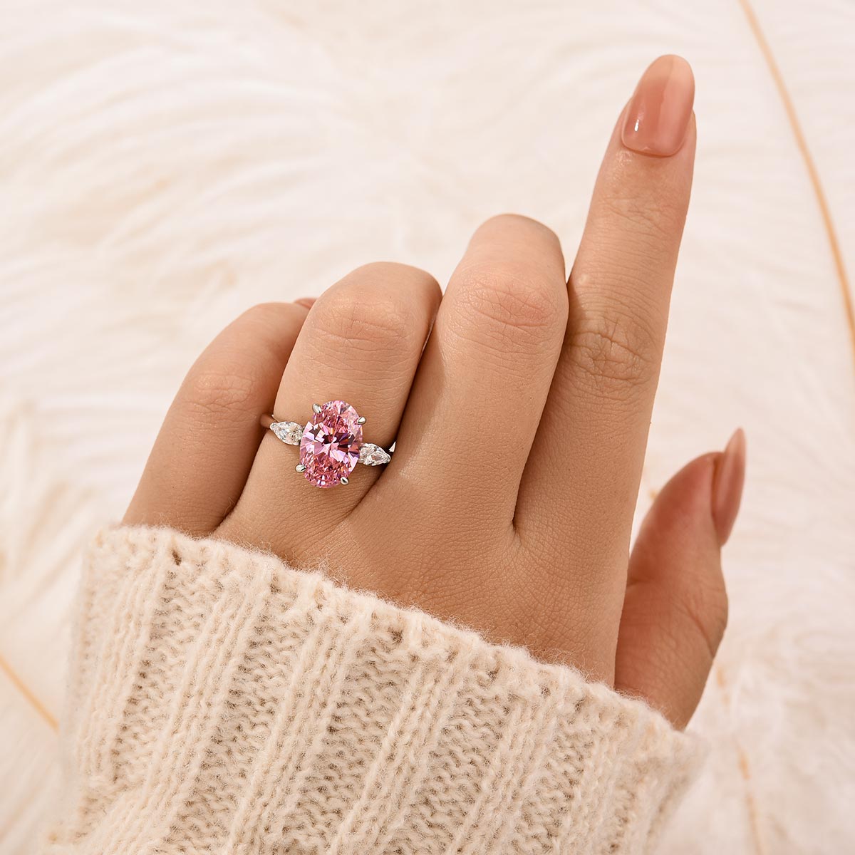 4.0Ct Oval Cut Pink Stone Three Stone Engagement Ring In Sterling Silver