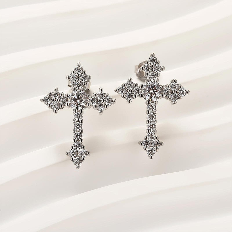 Simulated Diamond Cross Stud Earrings In Sterling Silver